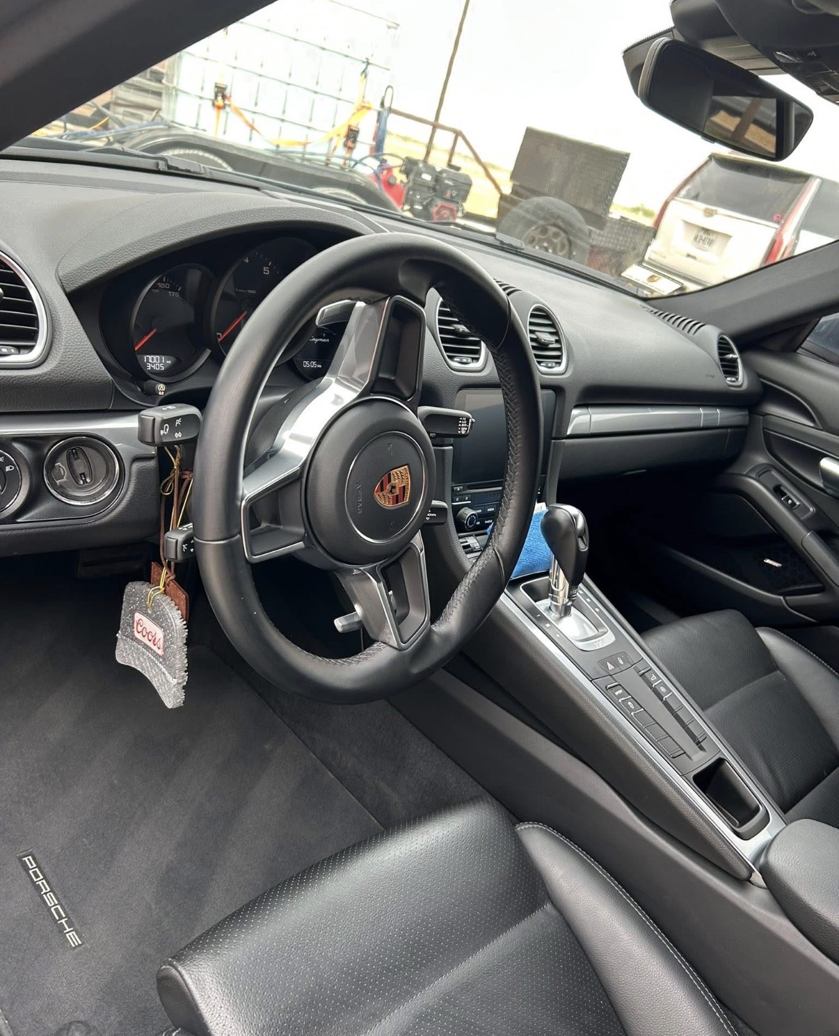 Porsche interior detailed, steering wheel close-up